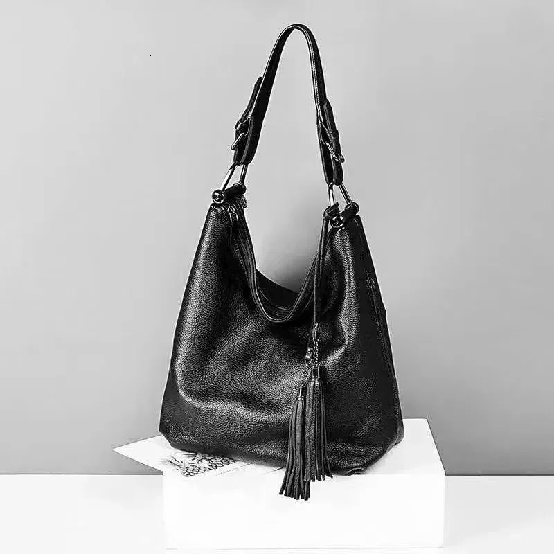 European Style Genuine Leather Women's Tote: Underarm Shoulder Cowhide Tassel Handbag New Free Delivery Designer Bag