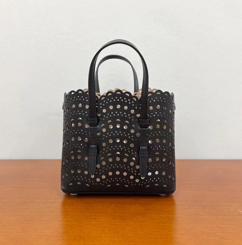 Laser Cut Mini Mina Calfskin Tote: Black Top Handle Bucket Bag New Free Delivery Designer Bag