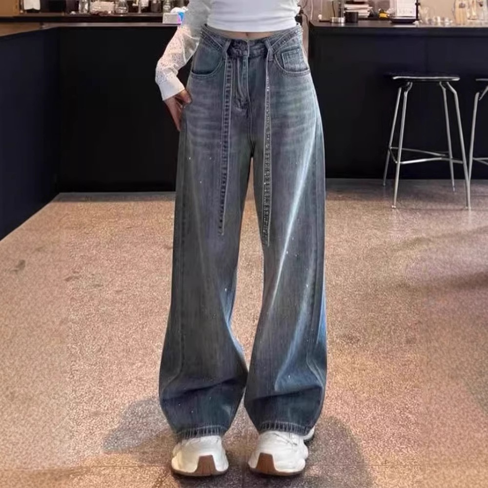 American black rhinestone wide leg jeans for women in spring and summer, plus size, fat, mm, fashionable floor length, sickle shaped banana pants