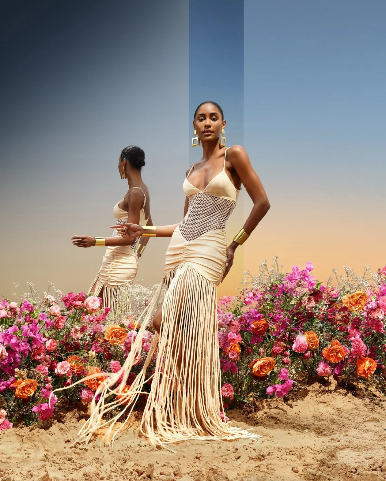 Spring and summer sexy hollow shoulder mesh packaging womens long skirt pleated hem tassel slim fit beach party dress 250430Z