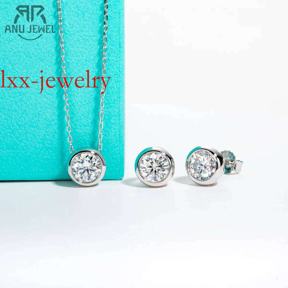 AnuJewel D Color Moissanite Bezel Stud Earrings Gold Plated Pendant Necklace Sterling Sier Set Customs Jewelry