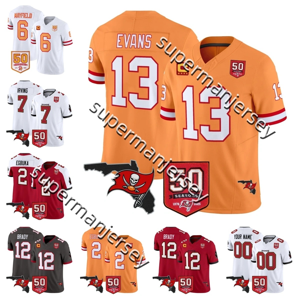 Custom Emeka Egbuka 2 Baker Mayfield 6 Tom Brady 12 Mike Evans 13 Chris Godwin 14 Vita Vea 50 Antoine Winfield Jr. 31 Bucky Irving 7 Football jersey Tampa