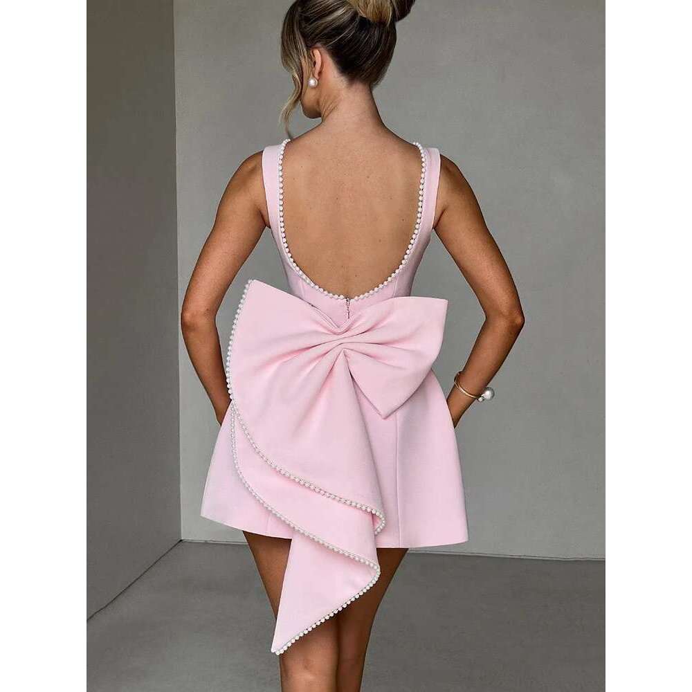 Mozision Pearl Bow Backless Sexy Mini For Women Robe Fashion Zipper Sleeveless High Waist A-line Club Party Dress Elegant