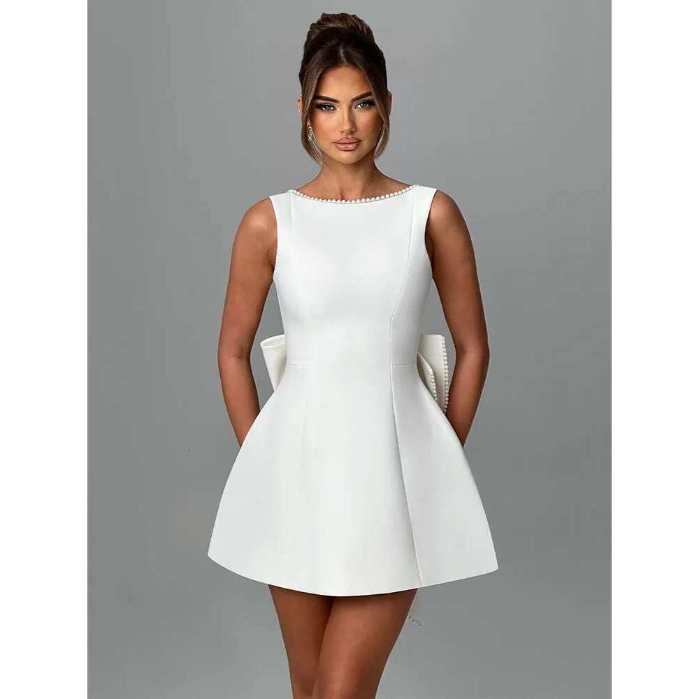 Mozision Pearl Bow Backless Sexy Mini For Women Robe Fashion Zipper Sleeveless High Waist A-line Club Party Dress Elegant