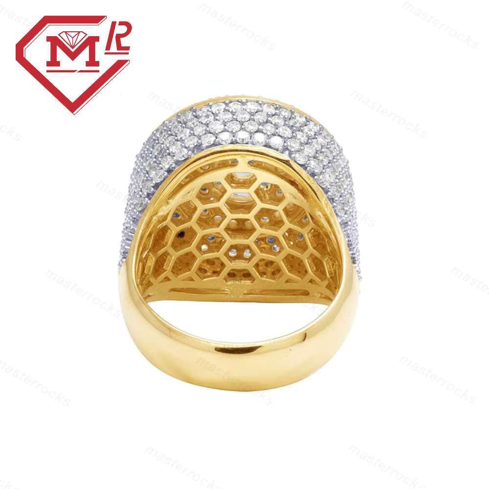 Men's hip-hop with hollowed out gold-plated chilled round pure silver VVS Moissanite ring
