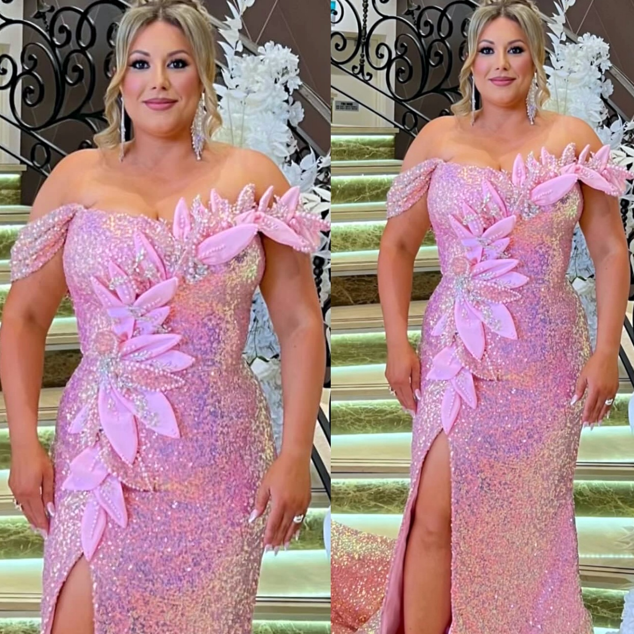 Mermaid Pink Plus Size Prom Dresses 2025 Crystals Flowers Sequined Sparkly Evening Formal Party Second Birthday Engagement Gowns Dress For Special Occ