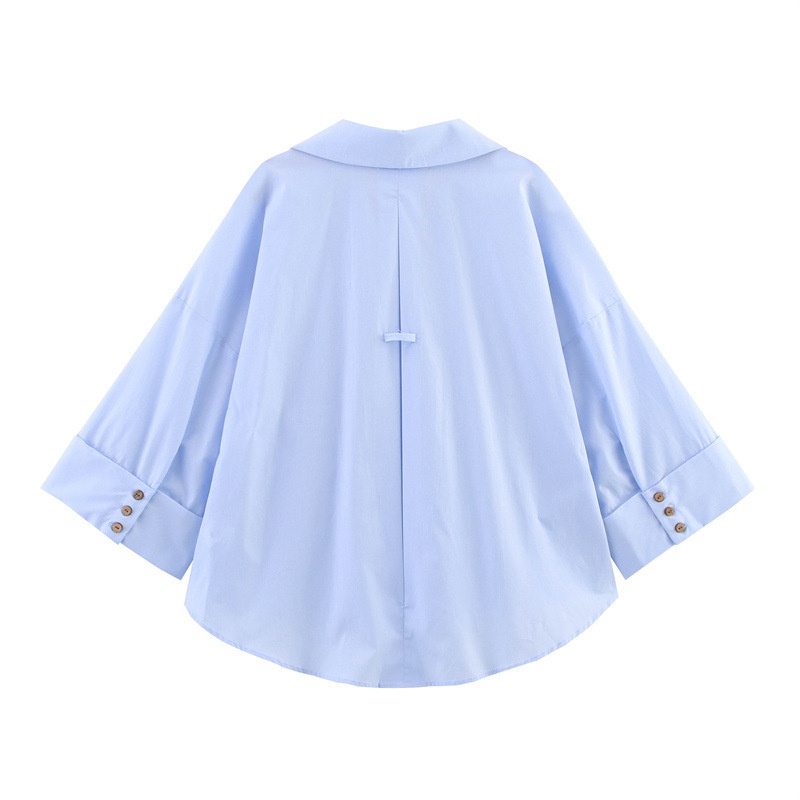 Free shipping summer hot selling woman fashionable casual versatile lapel striped wide sleeved shirt oversize XS-L size blue white color