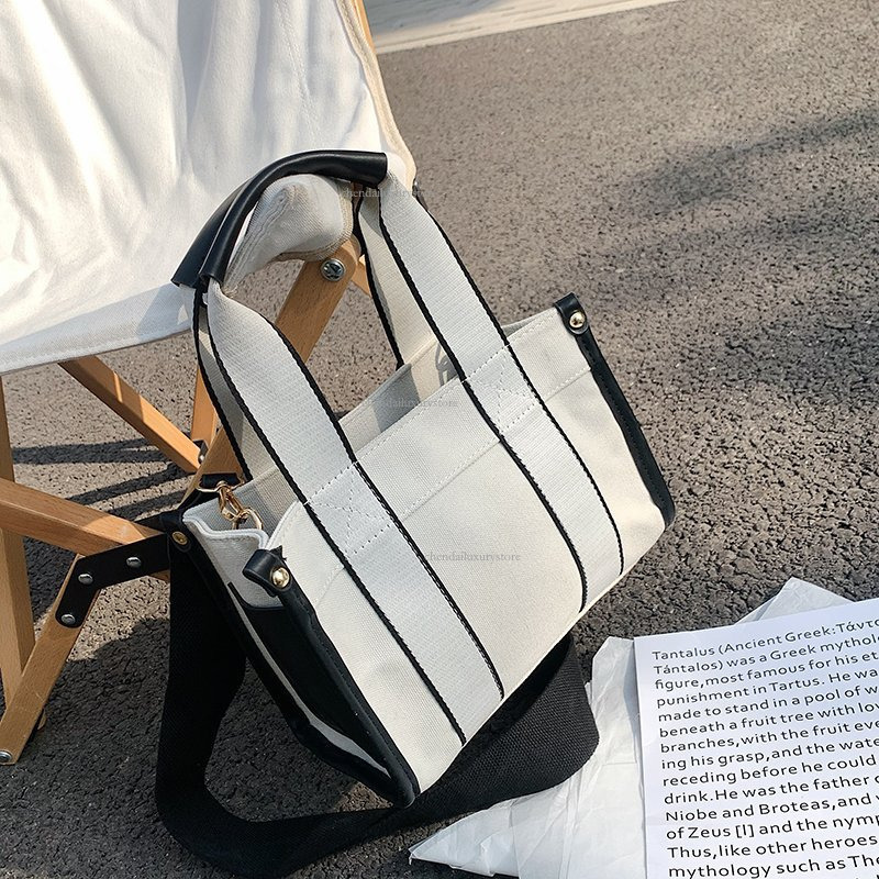 Women's Minimalist Canvas Shoulder Bag Designer New Spliced Contrasting Color Handbag Fashion Chain Crossbody Bag Casual Large Capacity Shopping 