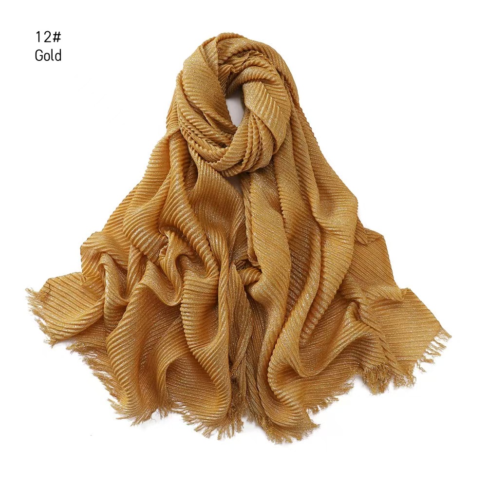 T684 gold and silver thread monochrome cotton and linen wrinkled scarf solid color short beard tassel large size headscarf shawl