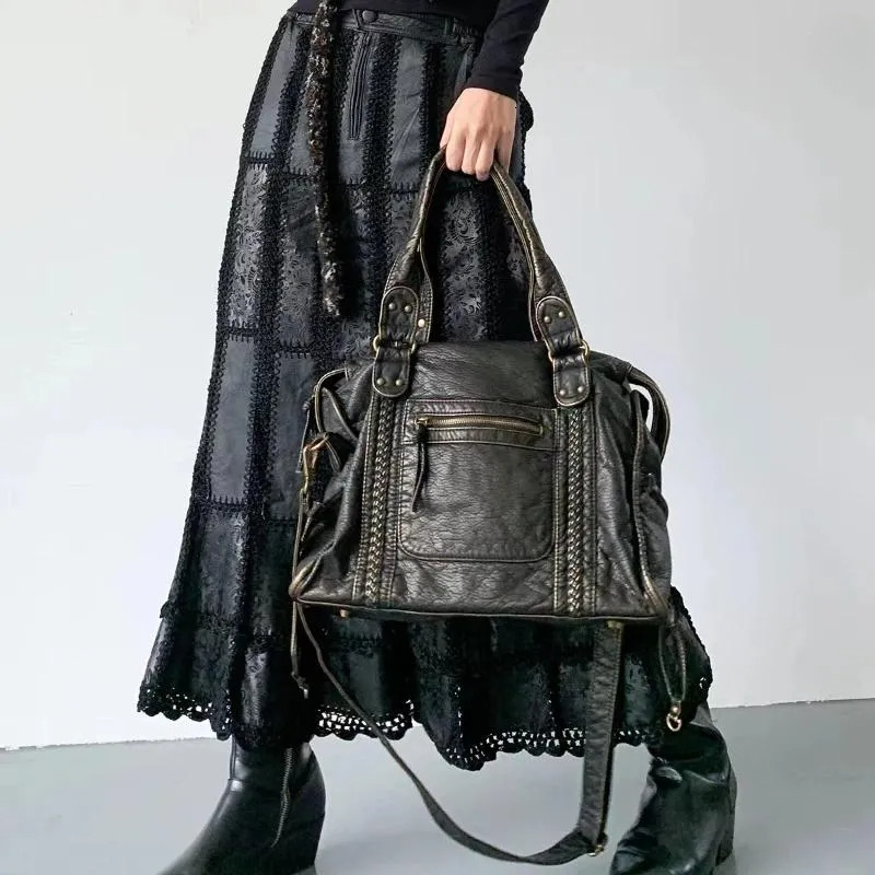 Free Shipping Drawstring Y2K Spicy Girl One Shoulder Crossbody Bag Vintage Washed Leather Motorcycle Large Capacity Designer Bag Luxury Bag Tote Bag