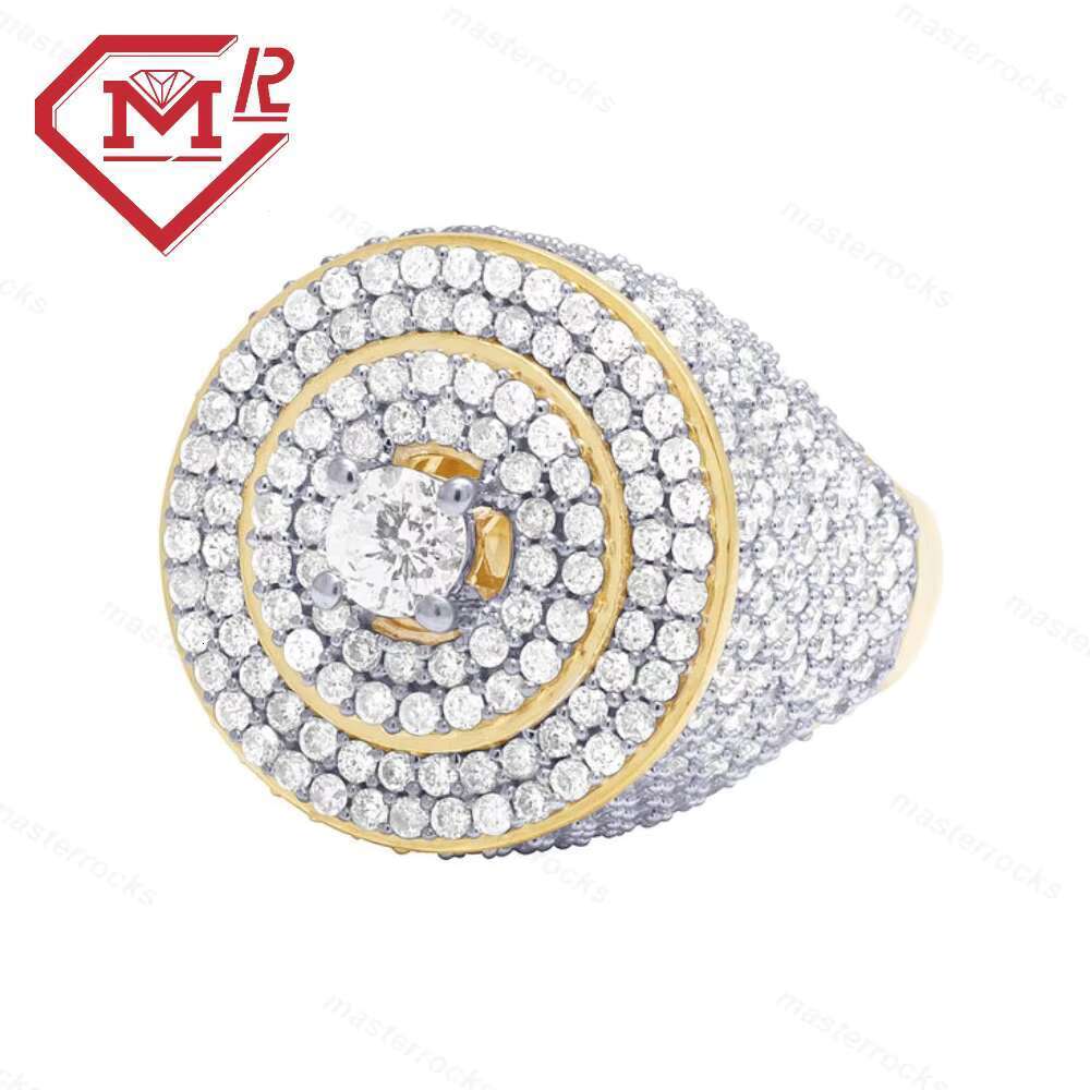 Men's hip-hop with hollowed out gold-plated chilled round pure silver VVS Moissanite ring