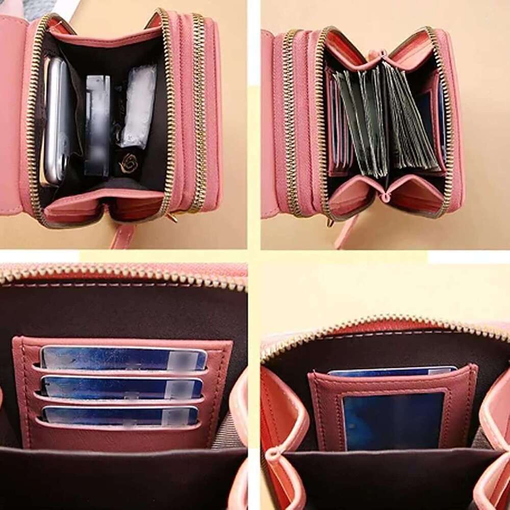 Bag Women Multi-Pockets, Leather Ladies Cross Body Handbags Phone Pouch with Long Strap Zips Card Slots Cellphone Shoulder Bags Coin Purse Wallet Blac