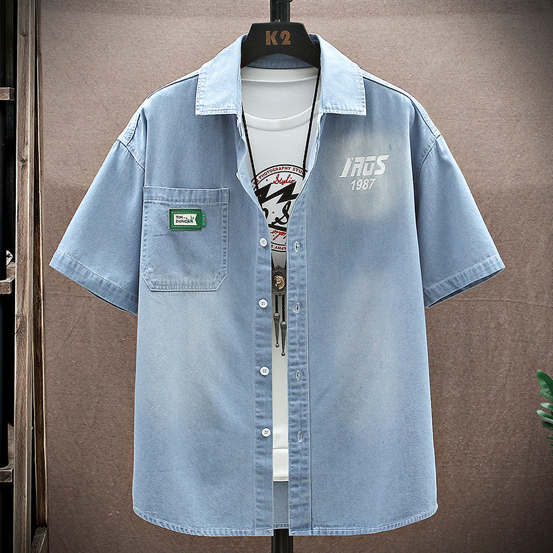 Denim short sleeved 2025 summer youth men's top jacket ins versatile shirt men