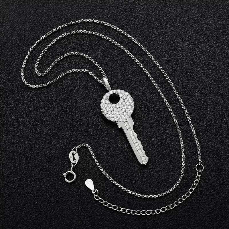 Moissanite key pendant women's pure sier chain necklace, chilled boutique jewelry