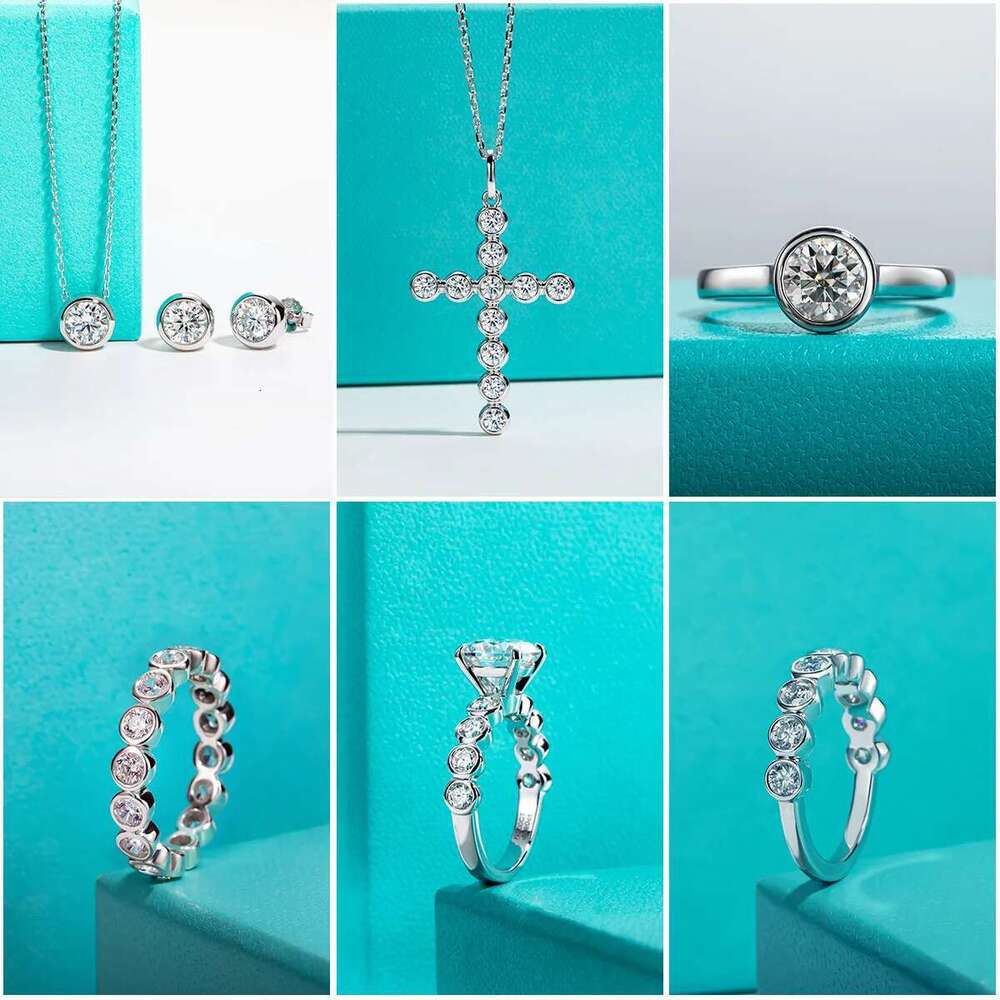 AnuJewel D Color Moissanite Bezel Stud Earrings Gold Plated Pendant Necklace Sterling Sier Set Customs Jewelry