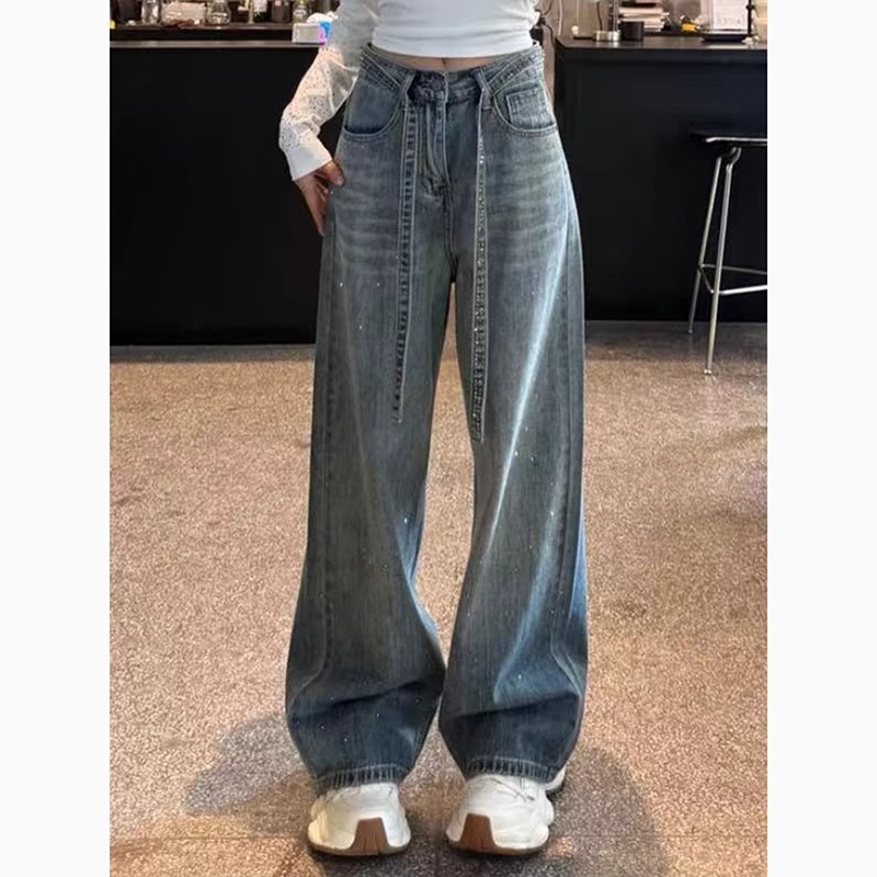 American black rhinestone wide leg jeans for women in spring and summer, plus size, fat, mm, fashionable floor length, sickle shaped banana pants