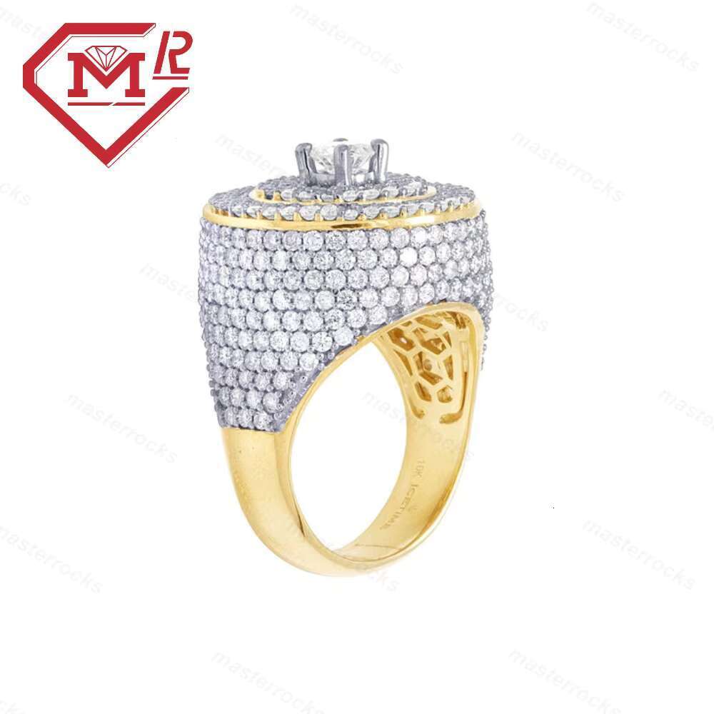 Men's hip-hop with hollowed out gold-plated chilled round pure silver VVS Moissanite ring