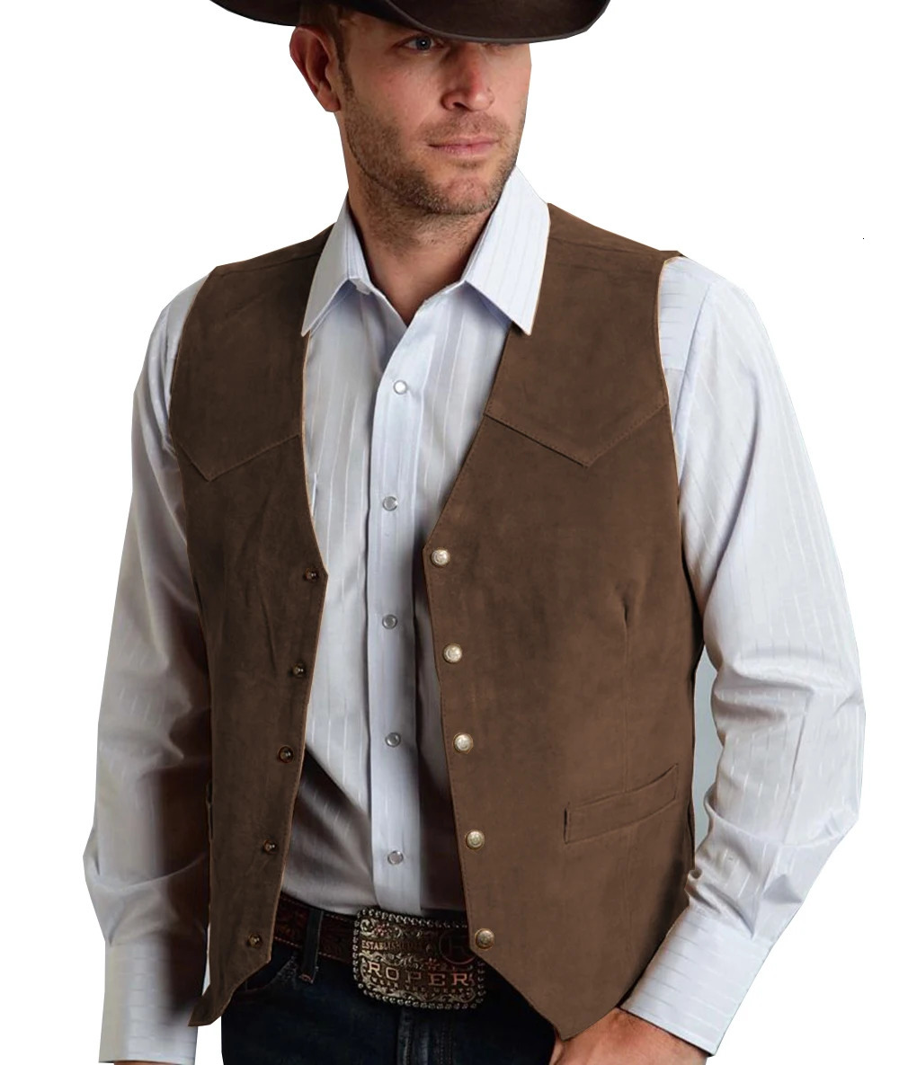 Brown Vest Mens Formal Business Set Suede Waistcoat Groom Wedding Dress Cowboy 250506