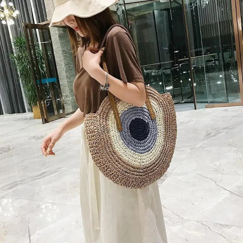 Free Shipping Shoulder Bags Ladies Rattan Handmade Messenger Bag Color Splicing Straw Woven Handbag Female Beach Crossbody Pouch 43x40cm