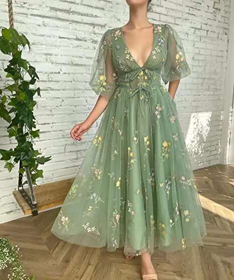 BABYONLINE Prom Dresses Green Fairy Puffy Sleeve Lace Embroidery Tulle Formal Evening Party Gown Elegant Tea Lengt Robe De Soir
