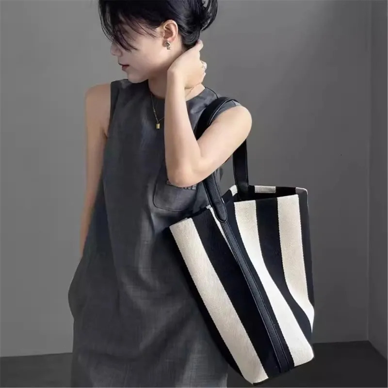 Bucket Handbags: Stripe Canvas Tote Bag With Shoulder Strap, Beige Casual Commuter Bag, Large Capacity, Lightweight For Daily Use New Free Delivery De
