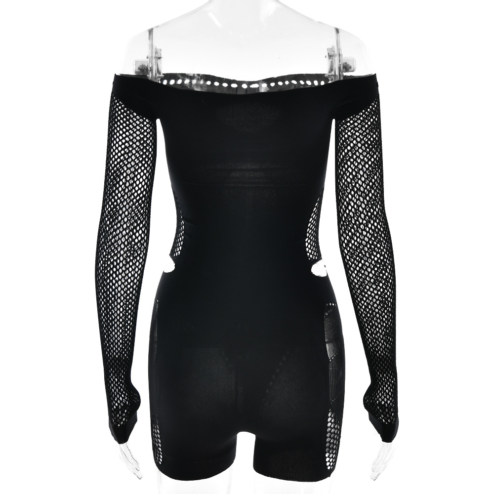 Off-shoulder Hollow Out Sexy Playsuits Women See Through Long Sleeve High Stretch Party Clubwear Female Slim Skinny Romper