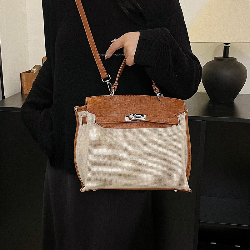 Women's 2025 New Shoulder Bag Linen Splicing Designer Bag Metal Buckle Comparison Texture Handbag Practical Storage Commuter Crossbody Bag Luxury