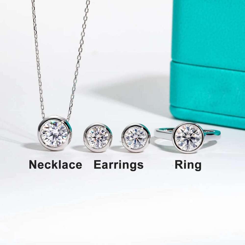 AnuJewel D Color Moissanite Bezel Stud Earrings Gold Plated Pendant Necklace Sterling Sier Set Customs Jewelry