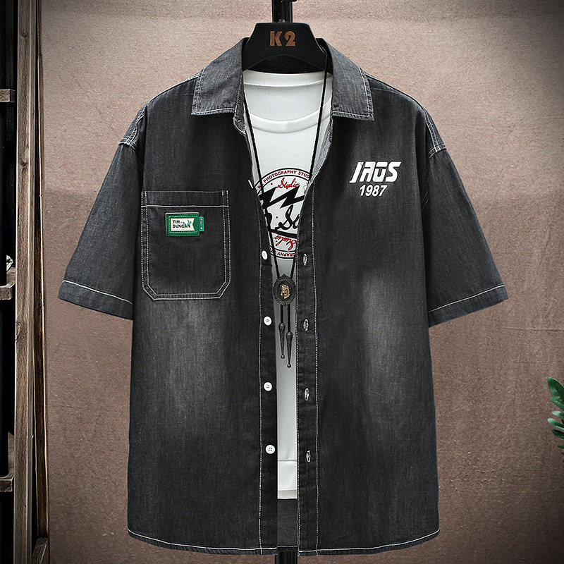 Denim short sleeved 2025 summer youth men's top jacket ins versatile shirt men