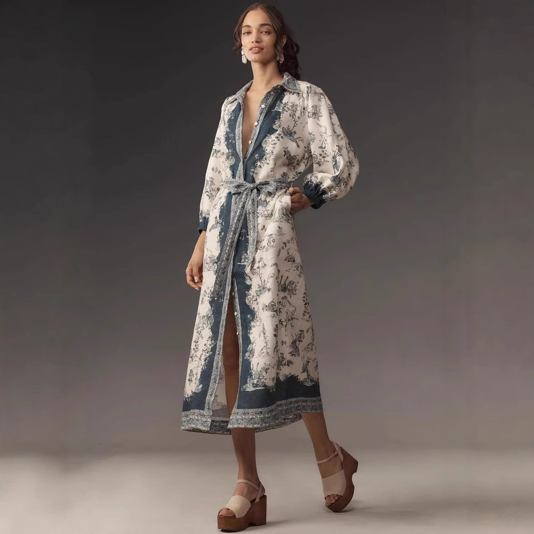 2025 New Fashion Women Linen Shirt Dress Flower Printed Shirt Skirt Casual Slim Fit Long Dresses Linen Clothes