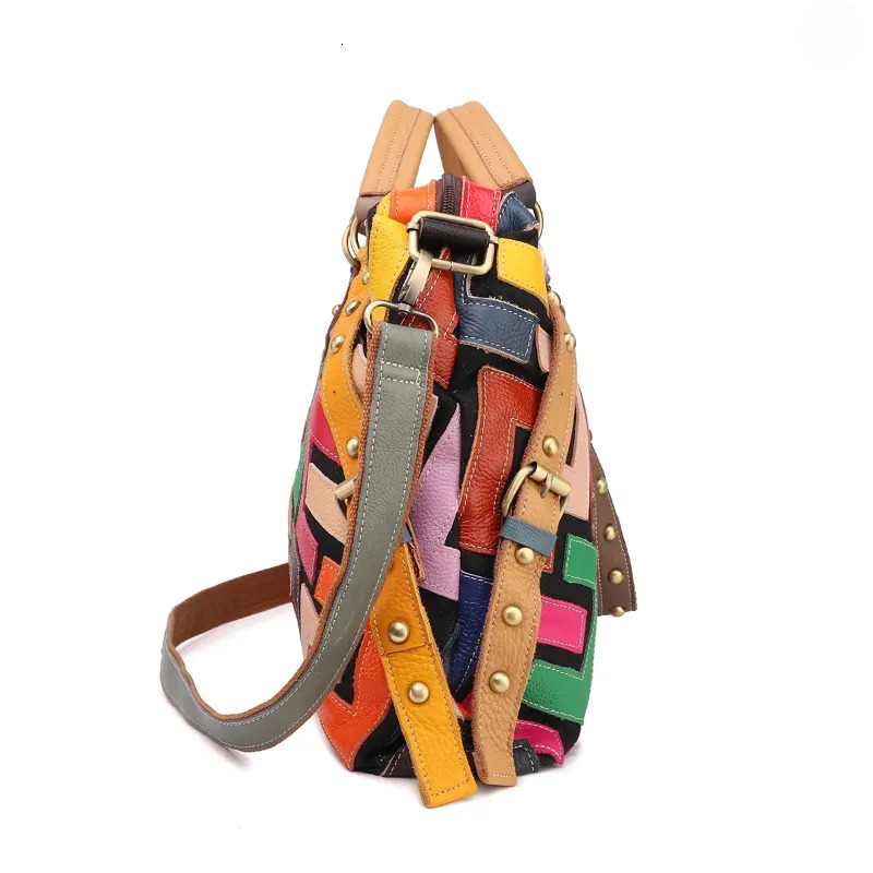 Multicolor Shoulder Bag, Geometric Crossbody Bag - Leather Patchwork Handbag With Rivets, Stylish Multi-color Design For Women New Free Delivery Desig