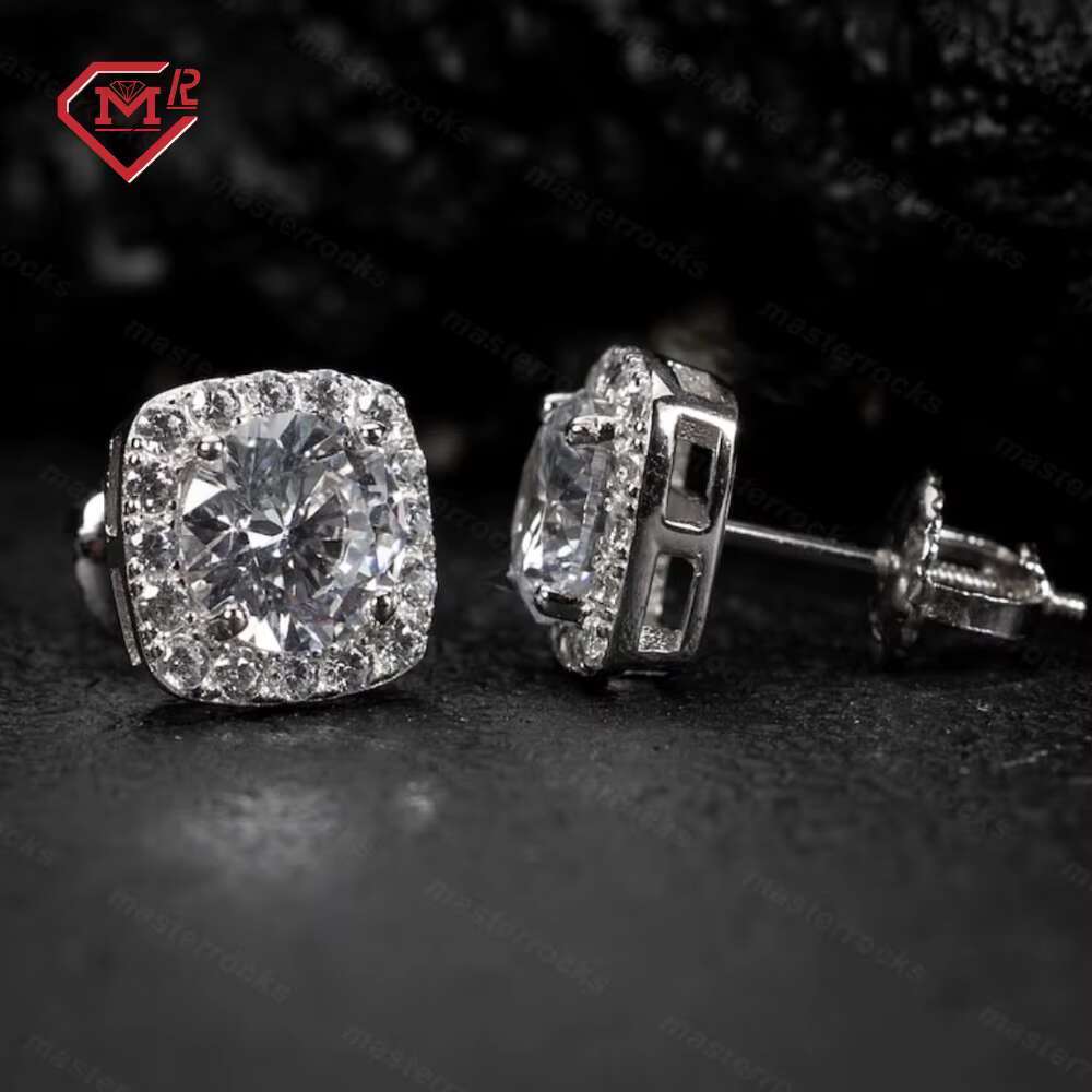 Daily men's earrings, hip-hop accessories, chilled square S sier Vvs round moissanite earrings