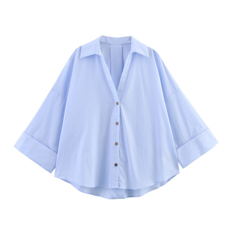 Free shipping summer hot selling woman fashionable casual versatile lapel striped wide sleeved shirt oversize XS-L size blue white color