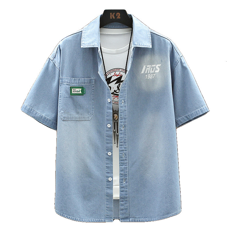 Denim short sleeved 2025 summer youth men's top jacket ins versatile shirt men
