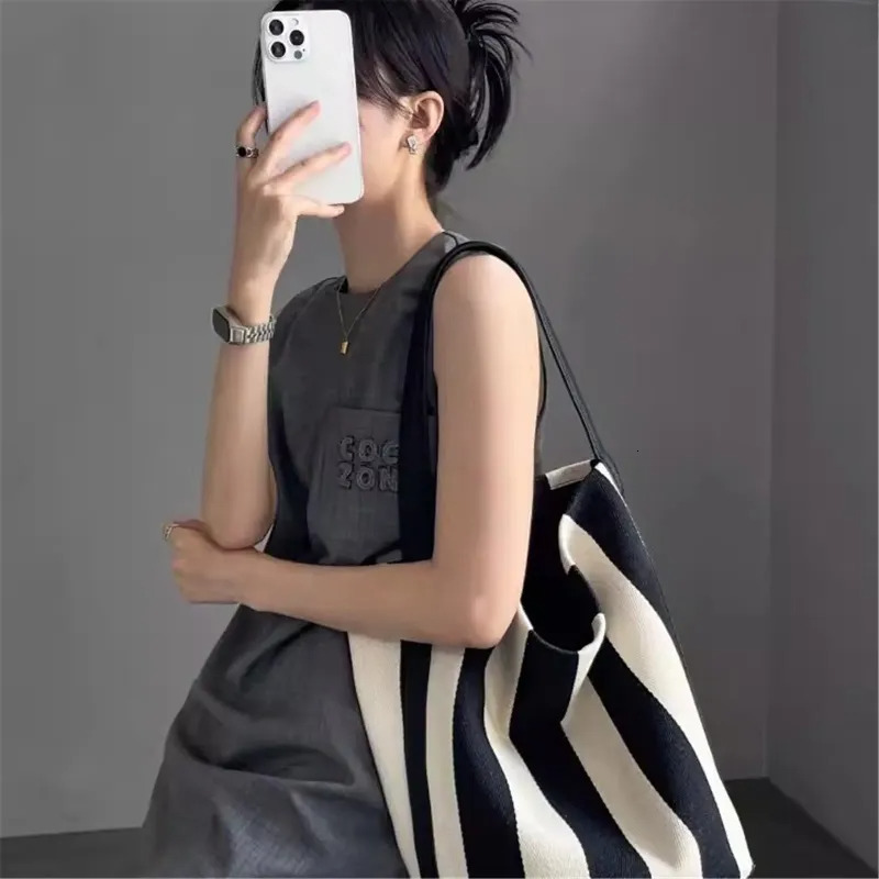 Bucket Handbags: Stripe Canvas Tote Bag With Shoulder Strap, Beige Casual Commuter Bag, Large Capacity, Lightweight For Daily Use New Free Delivery De