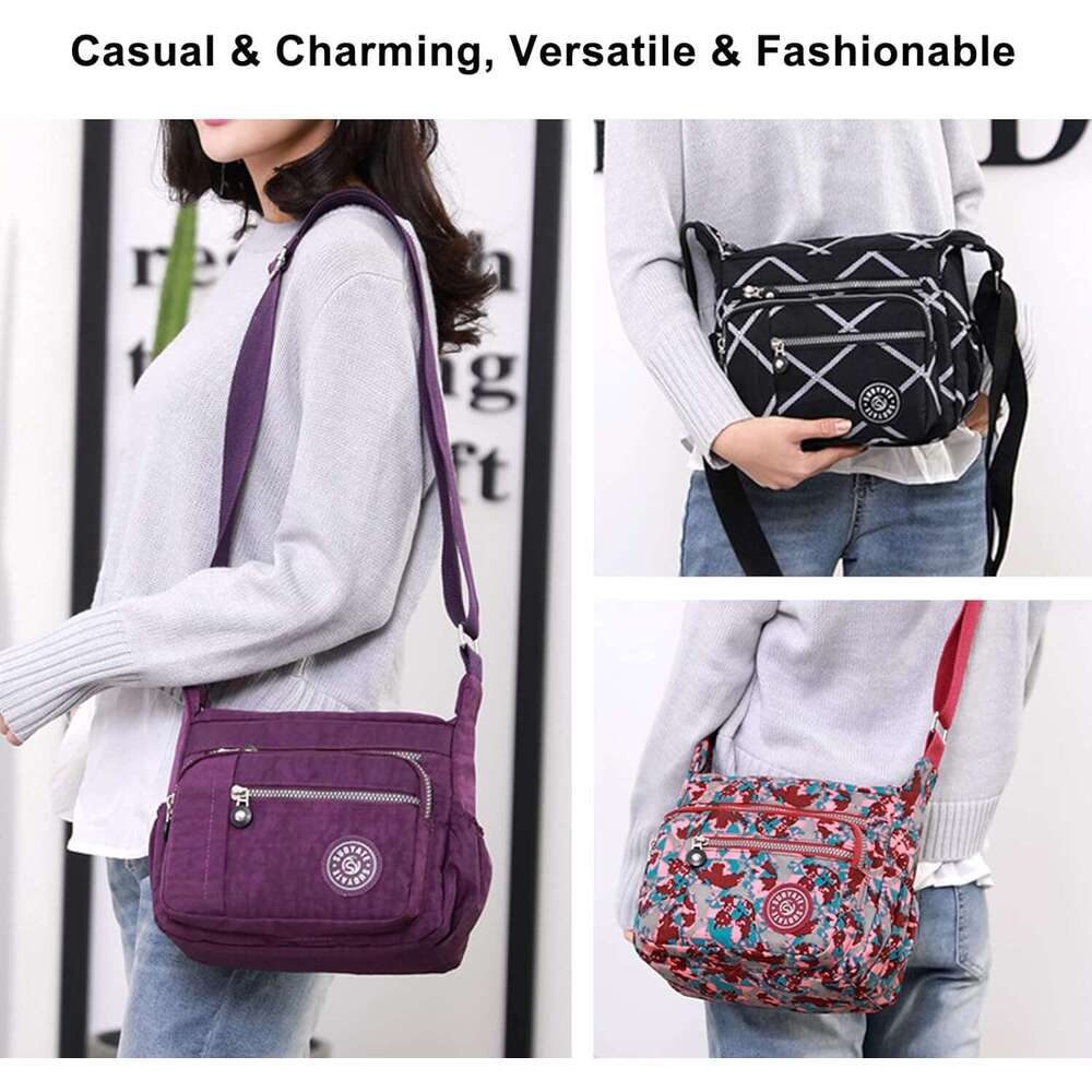 Womens Nylon Crossbody Waterproof Multi-Pocket Shoulder Tote Lightweight Travel Messenger Bag