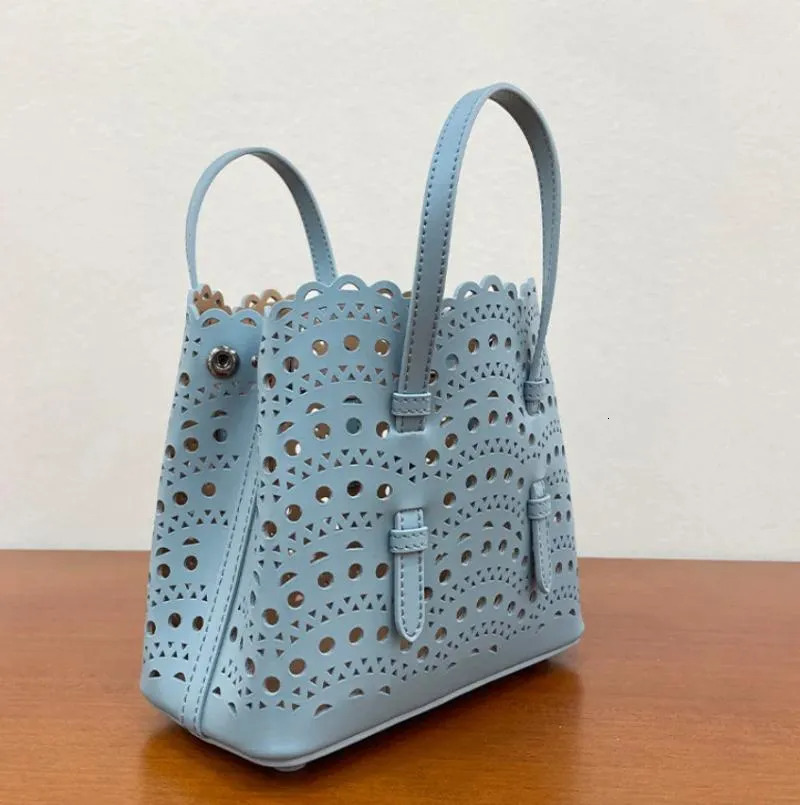 Laser Cut Mini Mina Calfskin Tote: Black Top Handle Bucket Bag New Free Delivery Designer Bag