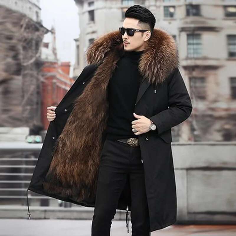 Man Parka Winter Stylish Jacket Long Streetwear Russian Real Fox Natural Raccoon Fur Collar Hooded Thick Warm Coat