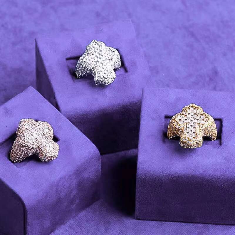 Gela hip-hop chilled pure silver diamond tester VVS moissanite hibiscus French long stick cross ring