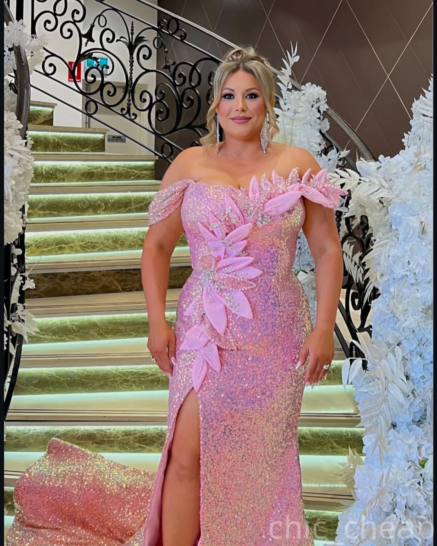 Mermaid Pink Plus Size Prom Dresses 2025 Crystals Flowers Sequined Sparkly Evening Formal Party Second Birthday Engagement Gowns Dress For Special Occ