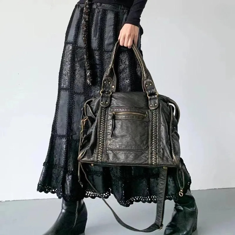 2025 Y2K Crossbody Bag: One-shoulder Drawstring Spicy Girl Vintage Washed Leather Motorcycle Handbag New Free Delivery Designer Bag