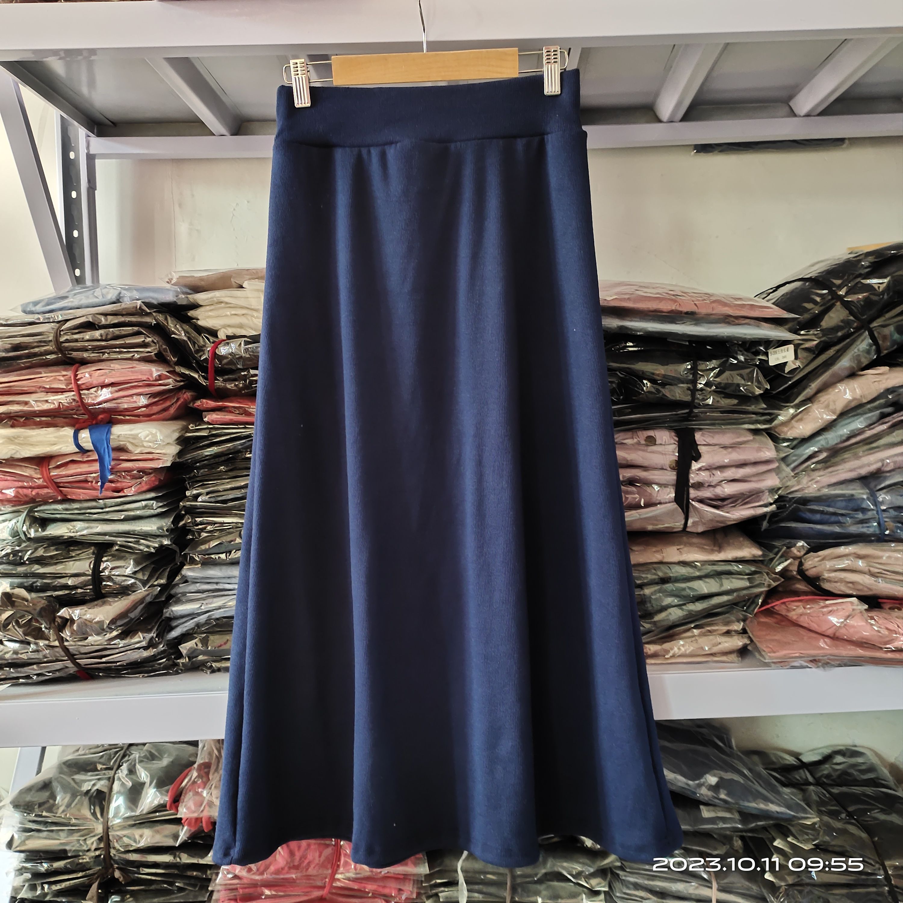 L1607 Large size threaded cotton new autumn Korean style pleated A skirt elastic high waist knitted long skirt skirt