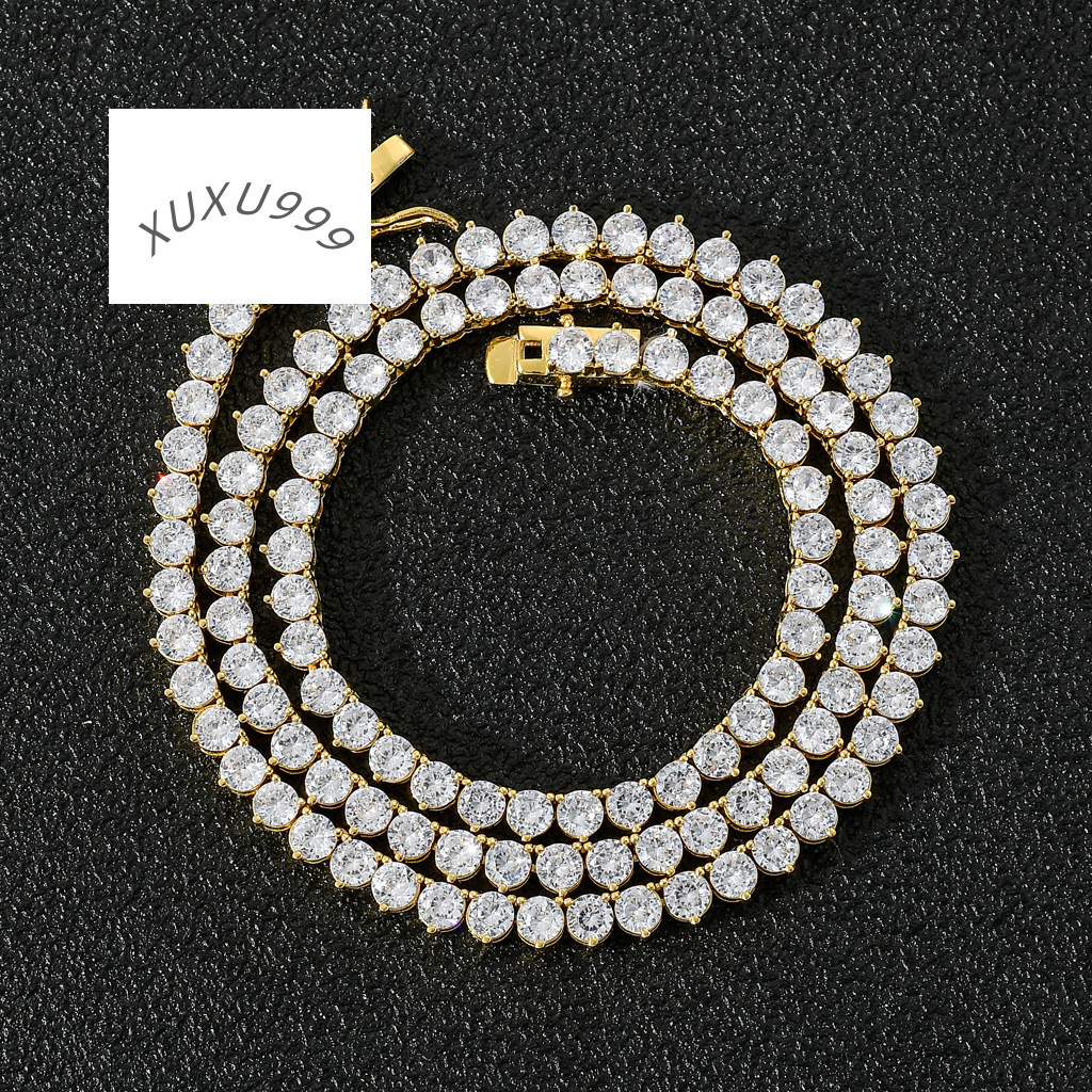 4mm Cubic Zirconia Tennis Chain Necklace 18k Gold Plated Mens Cuban Link Chain