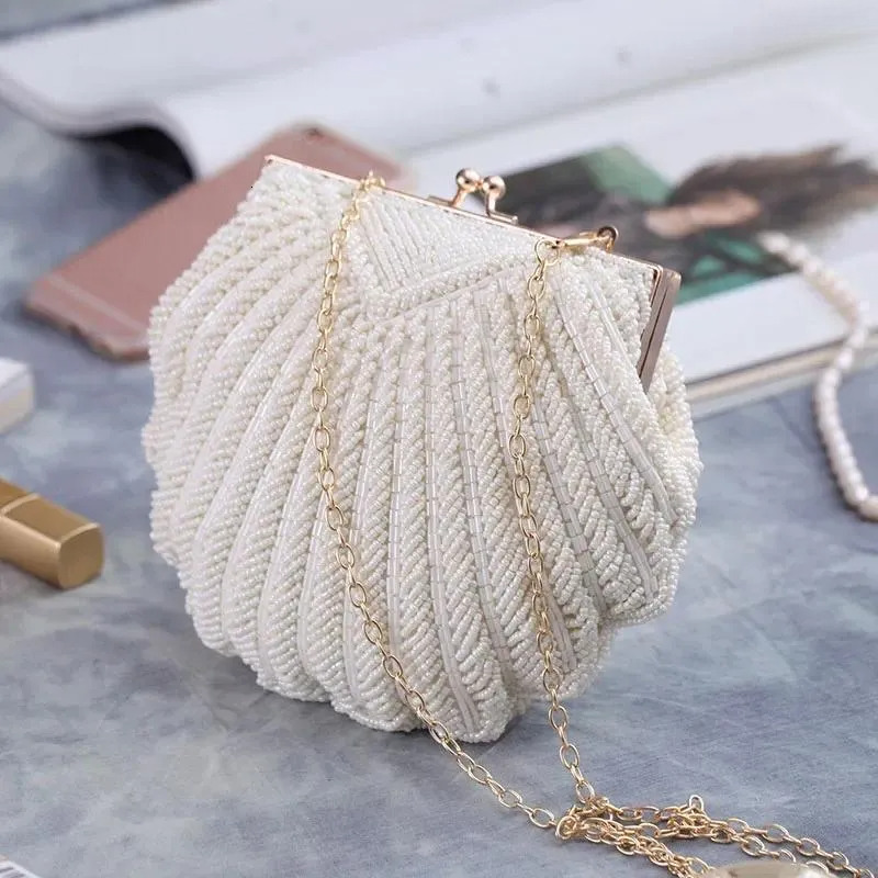 White Shell Evening Clutch Bag With Pearl Beading - Elegant Wedding Handbag For Women New Free Delivery Designer Bag