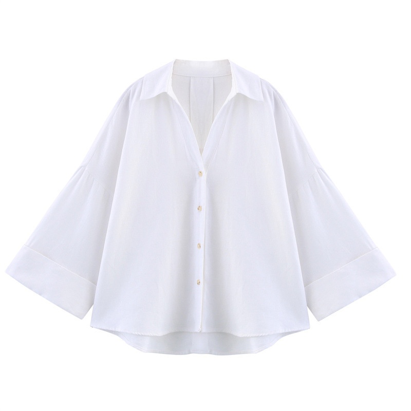 Free shipping summer hot selling woman fashionable casual versatile lapel striped wide sleeved shirt oversize XS-L size blue white color
