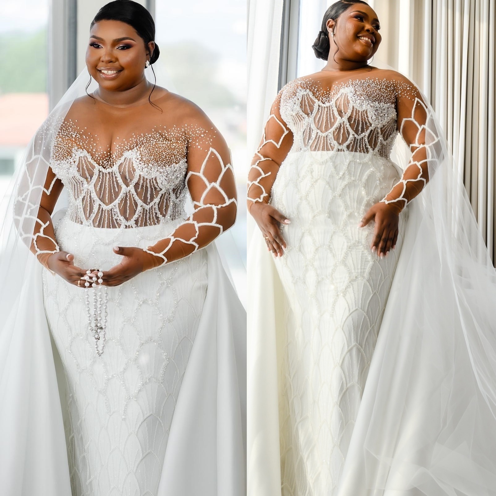 2025 Aso Ebi Plus Size Ivory Wedding Dress Beaded Sequined Sheath Illusion Satin Detachable Train Sparkly Vintage Bridal Gowns Dresses ZJ0658