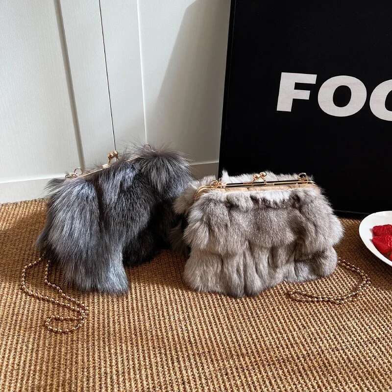 Dinner Bag Soft Plush Evening Bags For Elegant Women Fox Fur Dinner Party Clutch Chain Crossbody Winter Warm Handbags KQ