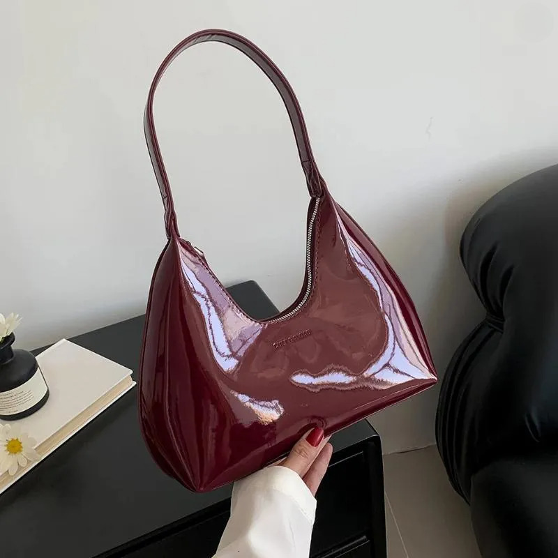 Vintage Bags Designer Shoulder Handbags: Women's Wine Red Patent Leather Crescent Bag French Style Small Tote New Free Delivery Designer Bag