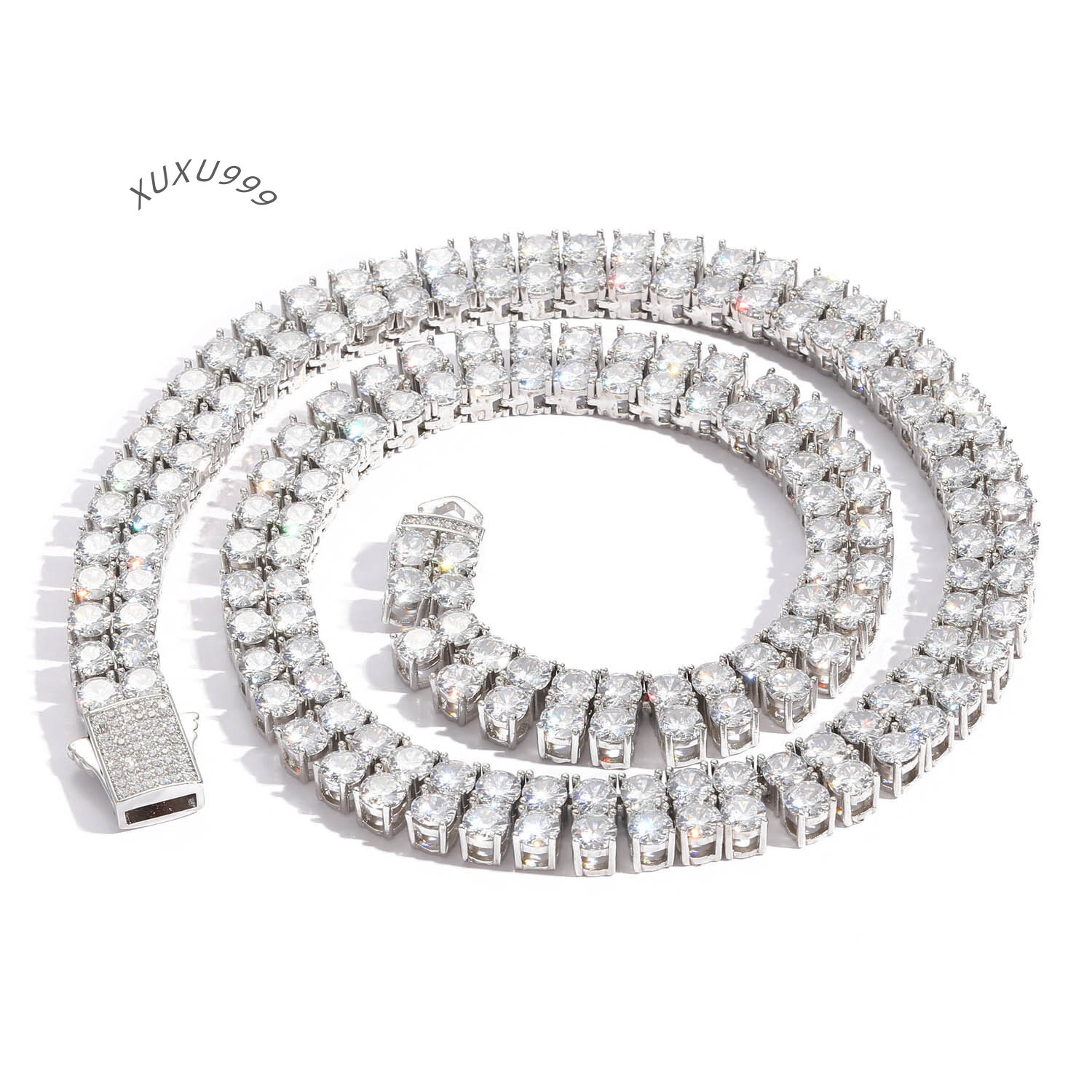 BES 5mm Ins Hip Hop Necklace Male Double Row Full Diamond Zircon Necklace Hip Hop Spring Buckle Collarbone Chain Tennis Chain