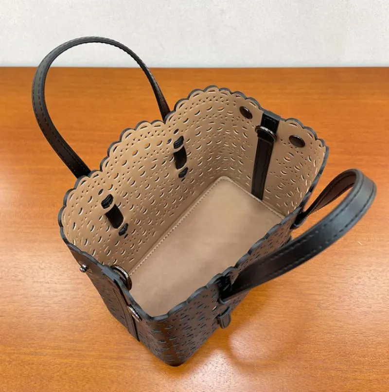 Laser Cut Mini Mina Calfskin Tote: Black Top Handle Bucket Bag New Free Delivery Designer Bag